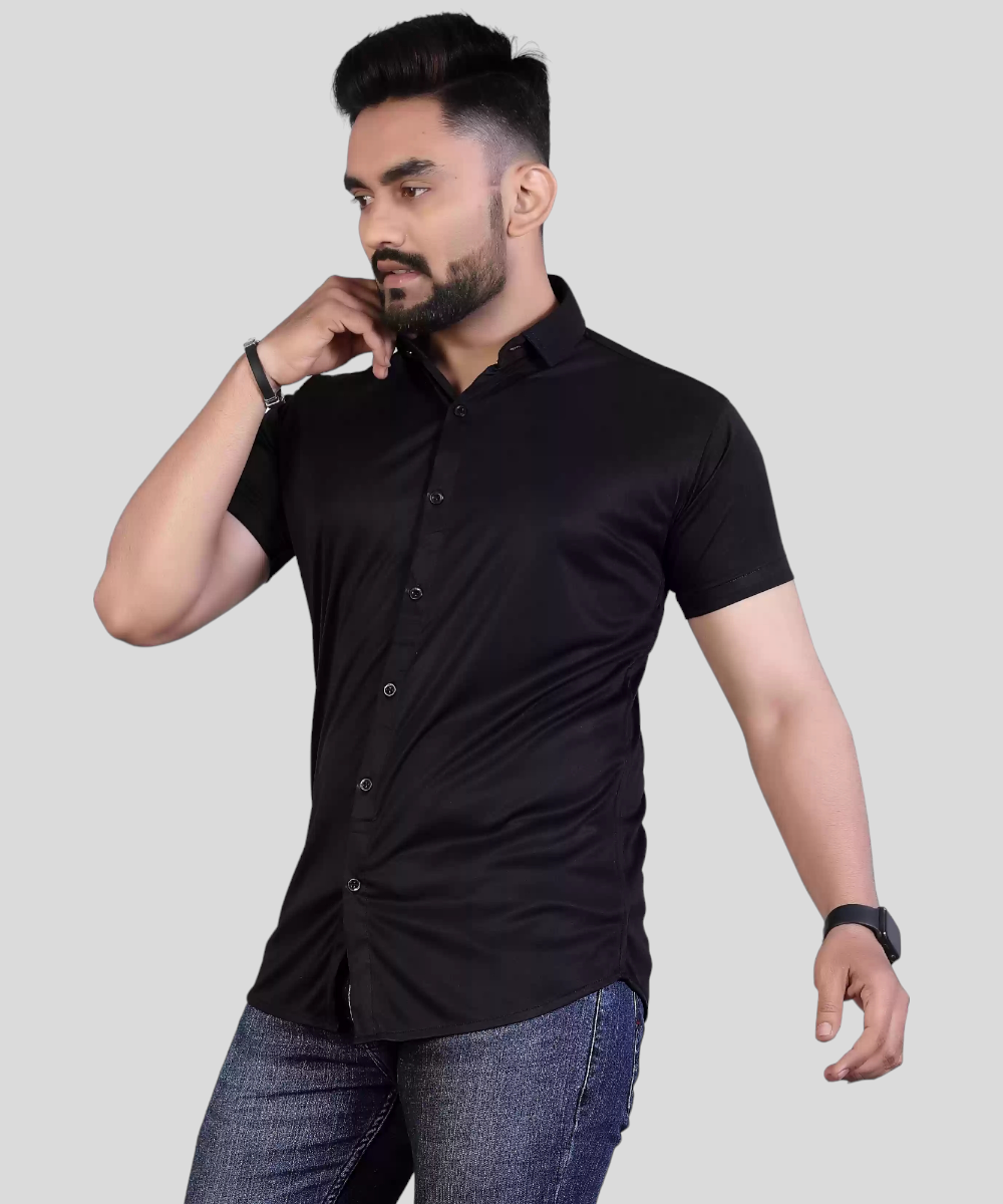 New Life Mens Black Lycra Shirt, Formal Shirt, Half sleeve Plain Shirt, Plain Shirt, Men’s Regular Fit Shirt, Stretchable Spread Shirt