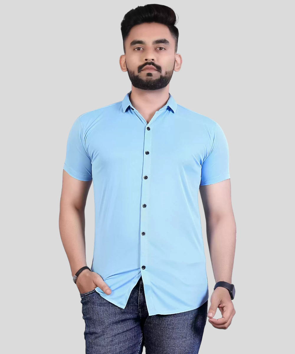 New Life Mens Light Blue Lycra Shirt, Formal Shirt, Half sleeve Plain Shirt, Plain Shirt, Men’s Regular Fit Shirt, Stretchable Spread Shirt