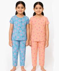 Polyster Girls Co-ord Set Combo / Age 7-8 Years M Size (Tshirt & Track Pant Set Pack of 2)