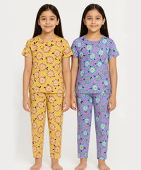 Polyster Girls Co-ord Set Combo / Age 8-9 Years L Size (Tshirt & Track Pant Set Pack of 2)