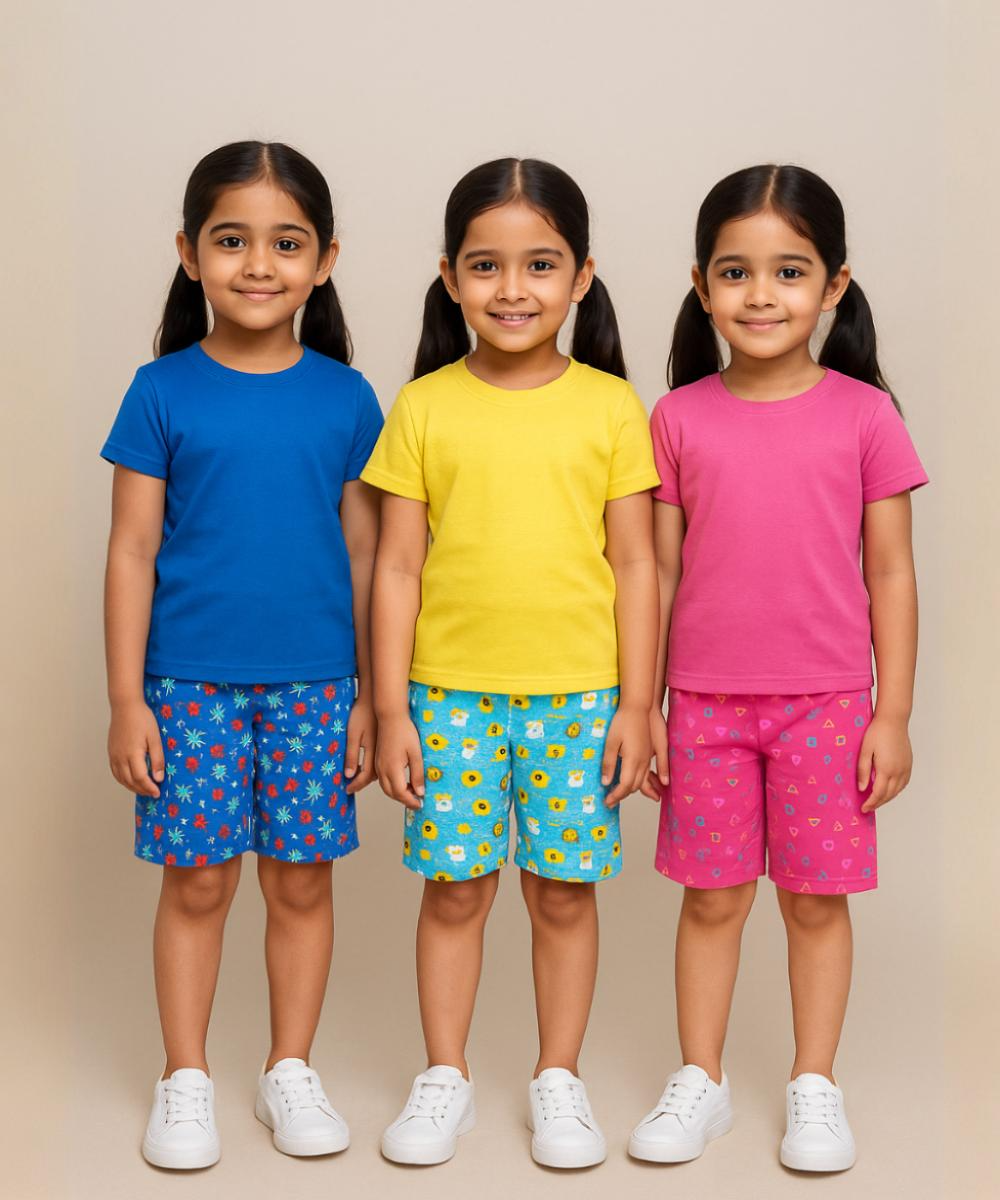 Pure Cotton Printed Shorts for Girls Kid with Elastic Age 2 To 3 Years (Pack of 3)