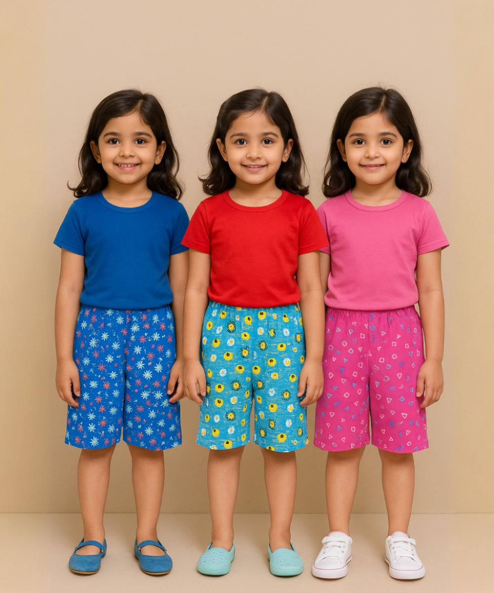 Pure Cotton Printed Shorts for Girls Kid with Elastic Age 2 To 3 Years (Pack of 3)