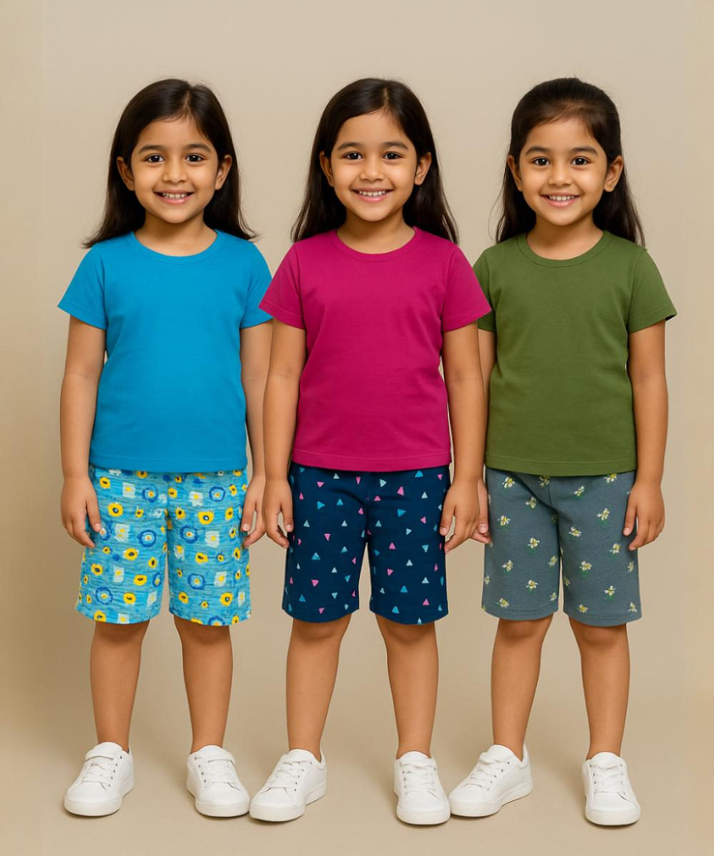 Pure Cotton Printed Shorts for Girls Kid with Elastic Age 2 To 3 Years (Pack of 3)