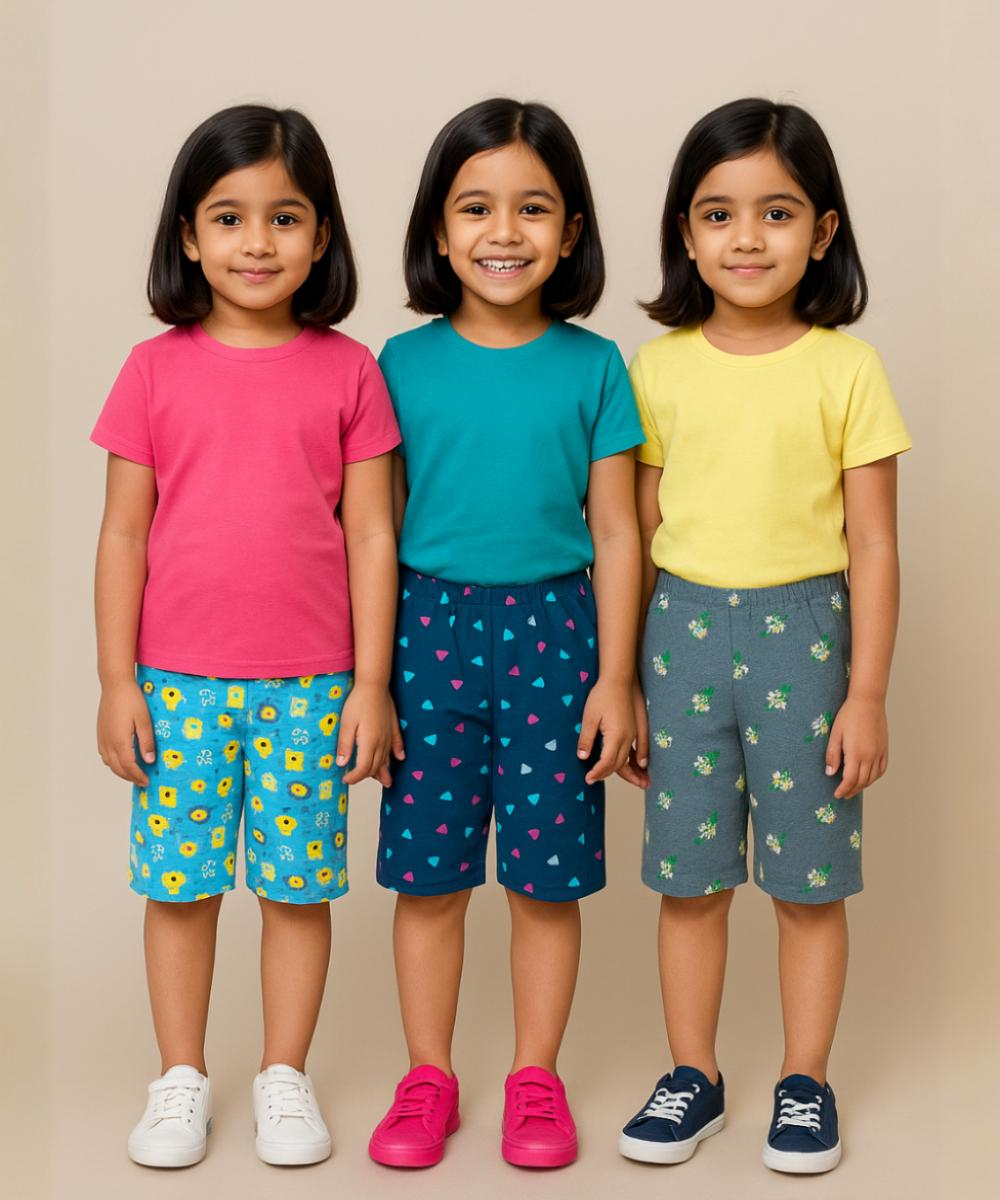 Pure Cotton Printed Shorts for Girls Kid with Elastic Age 2 To 3 Years (Pack of 3)