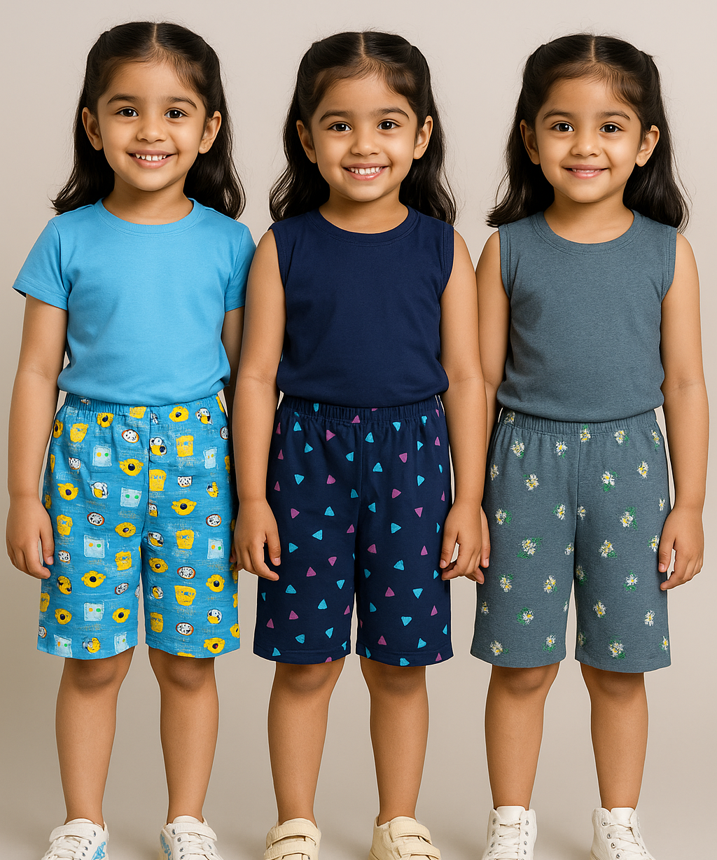 Pure Cotton Printed Shorts for Girls Kid with Elastic Age 6 To 7 Years (Pack of 3)