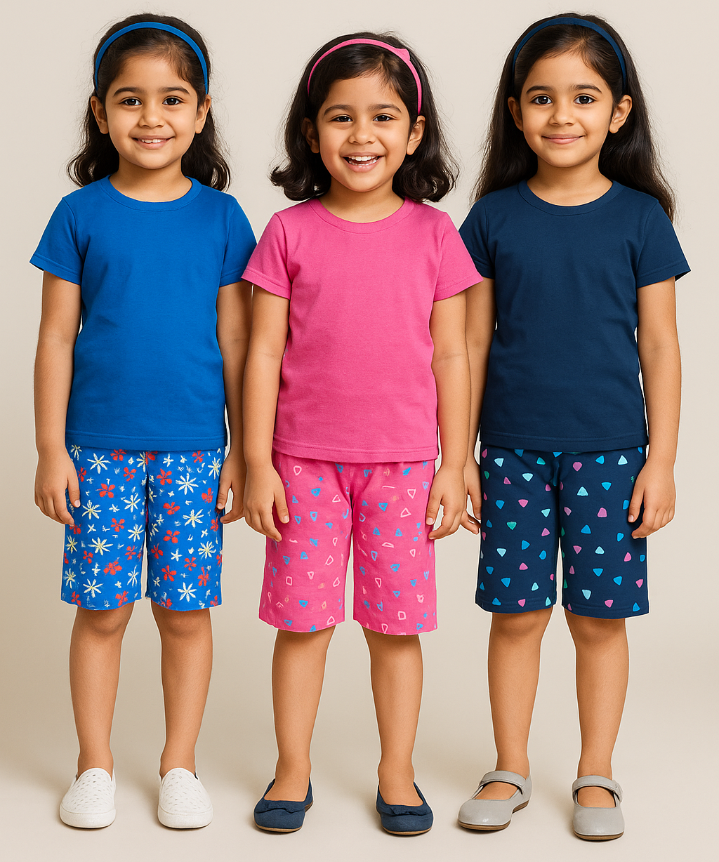 Pure Cotton Printed Shorts for Girls Kid with Elastic Age 8 To 9 Years (Pack of 3)