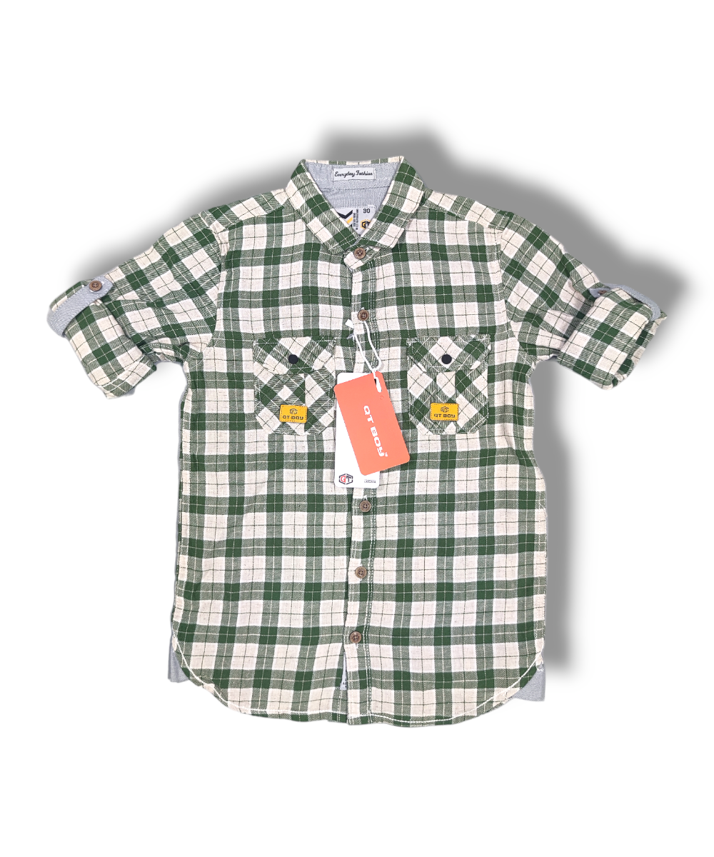 QT Boy Green/White Checked Boys Full Sleeve Shirt / Boys Checked Shirt with Double Pocket