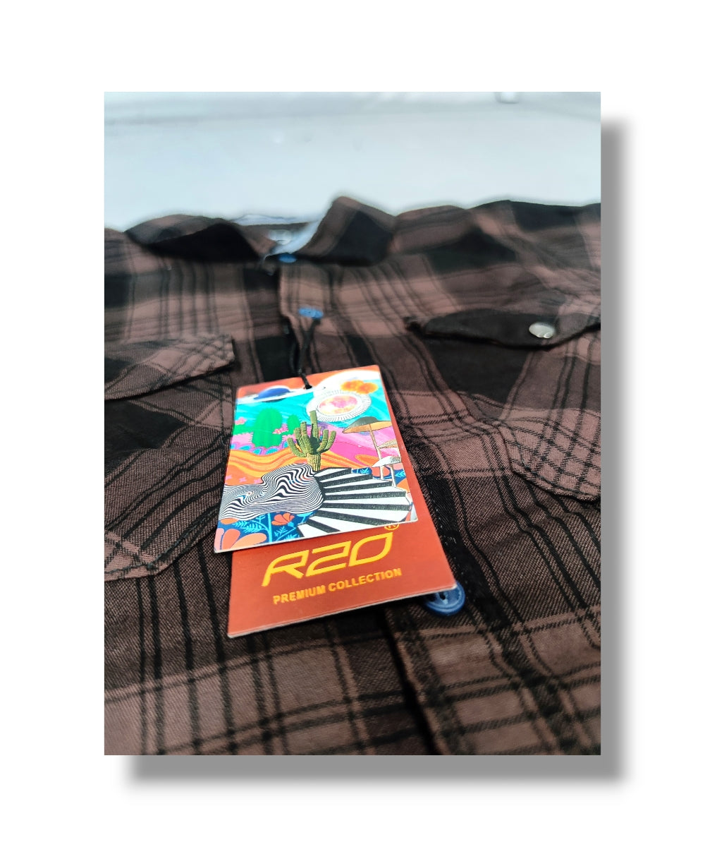 R20 Chestnut Colour Checked Boys Full Sleeve Shirt / Boys Checked Shirt without Double Pocket