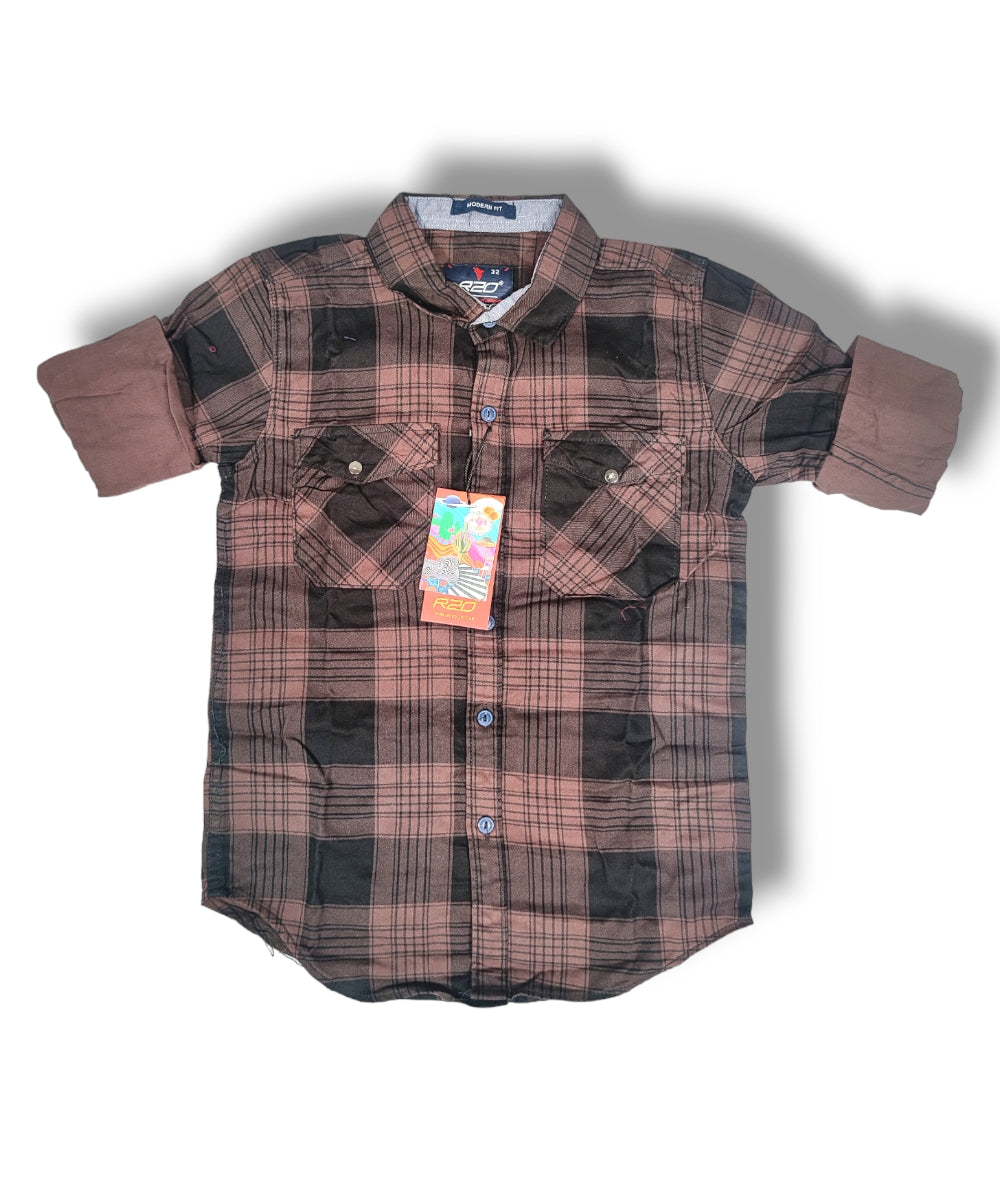 R20 Chestnut Colour Checked Boys Full Sleeve Shirt / Boys Checked Shirt without Double Pocket