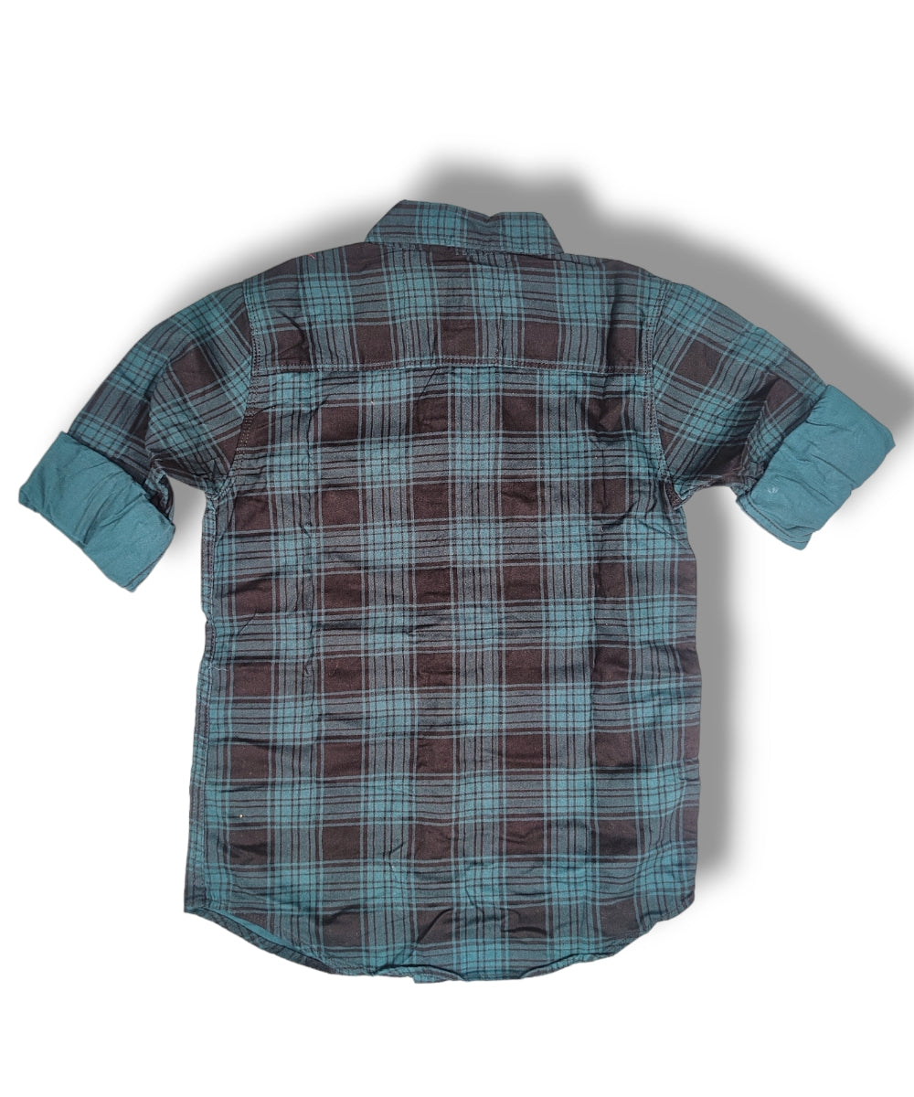 R20 Green/Black Checked Boys Full Sleeve Shirt / Boys Checked Shirt without Double Pocket