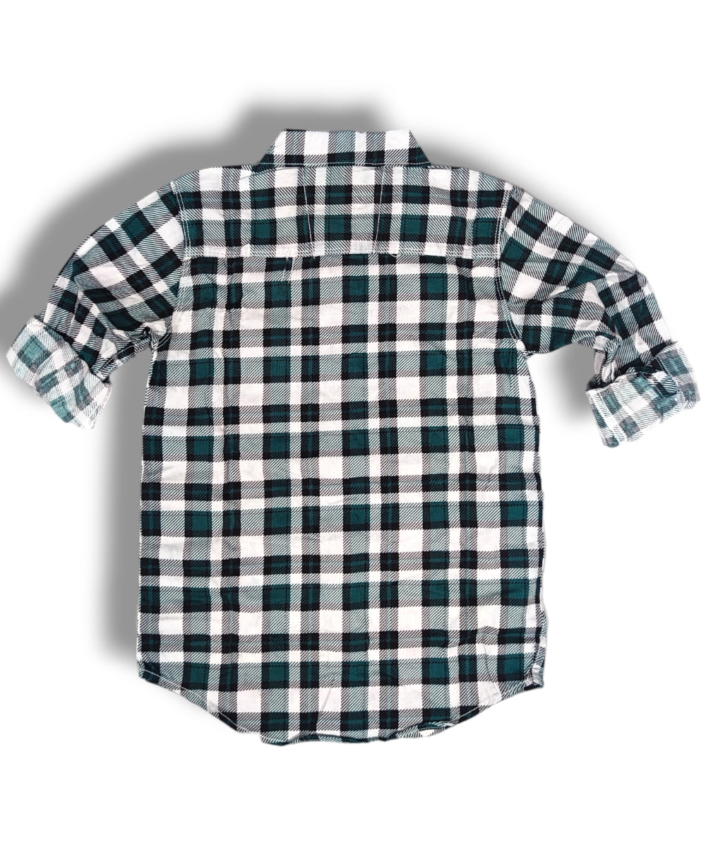 R20 Green/White Checked Boys Full Sleeve Shirt / Boys Checked Shirt without Double Pocket