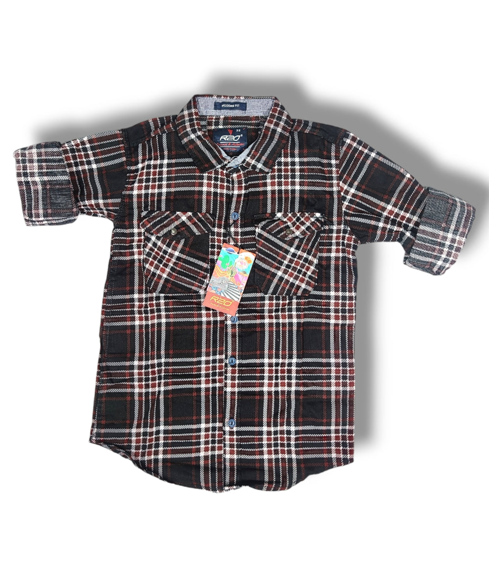R20 Maroon/Black Checked Boys Full Sleeve Shirt / Boys Checked Shirt without Double Pocket