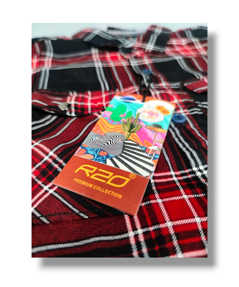 R20 Red/Black Checked Boys Full Sleeve Shirt / Boys Checked Shirt without Double Pocket