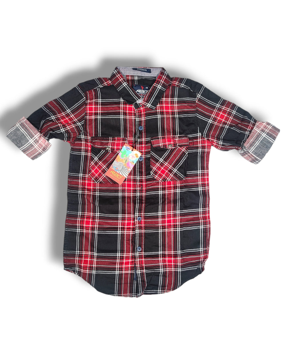 R20 Red/Black Checked Boys Full Sleeve Shirt / Boys Checked Shirt without Double Pocket