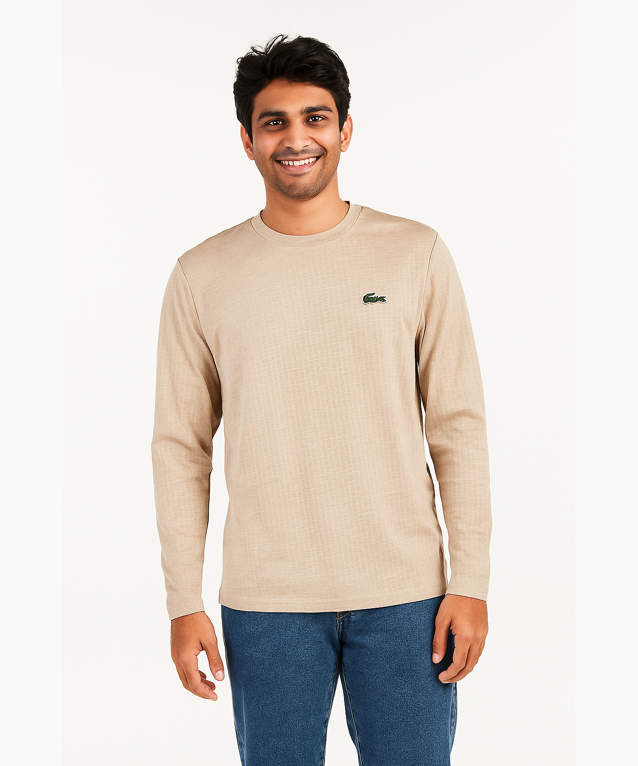 Beige / Solid Men's Bubble Polyester Regular Fit Round Neck Full Sleeve T-Shirt