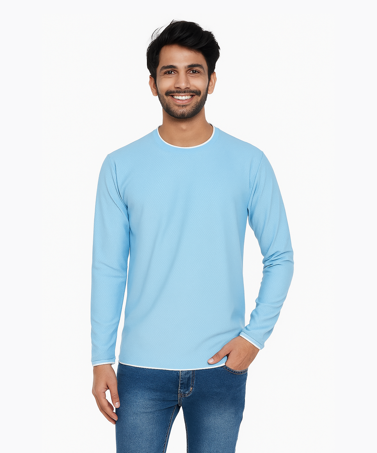 Light Blue / Solid Men's Polyester Regular Fit Round Neck Full Sleeve T-Shirt