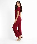 Women Top & Pyjama Pant Night Suit Co-ord Set | Burgundy Color