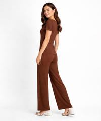 Women Top & Pyjama Pant Night Suit Co-ord Set | Brown Color