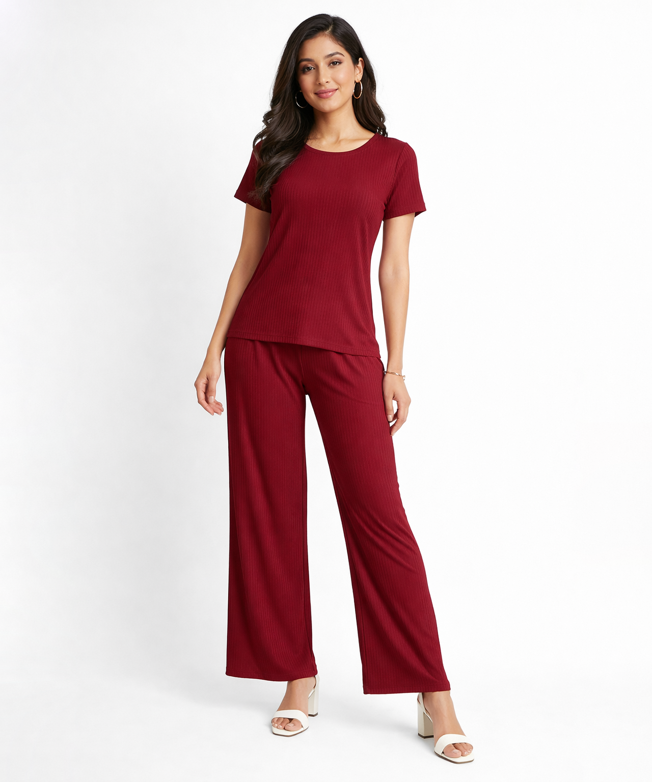 Women Top & Pyjama Pant Night Suit Co-ord Set | Burgundy Color