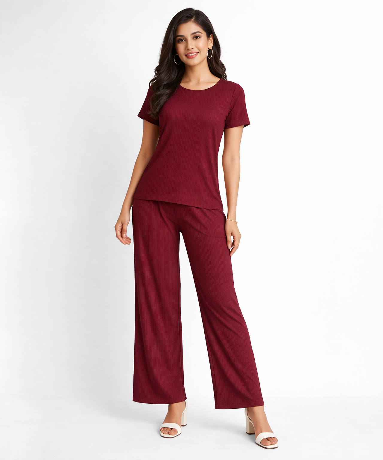 Women Top & Pyjama Pant Night Suit Co-ord Set | Maroon Color
