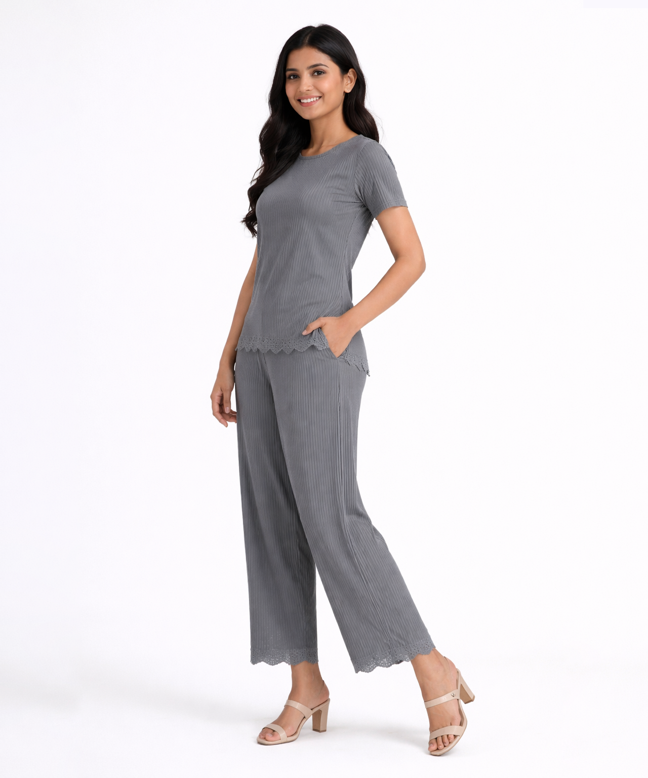 Women Top & Pyjama Pant Night Suit Co-ord Set | Light Gray Color