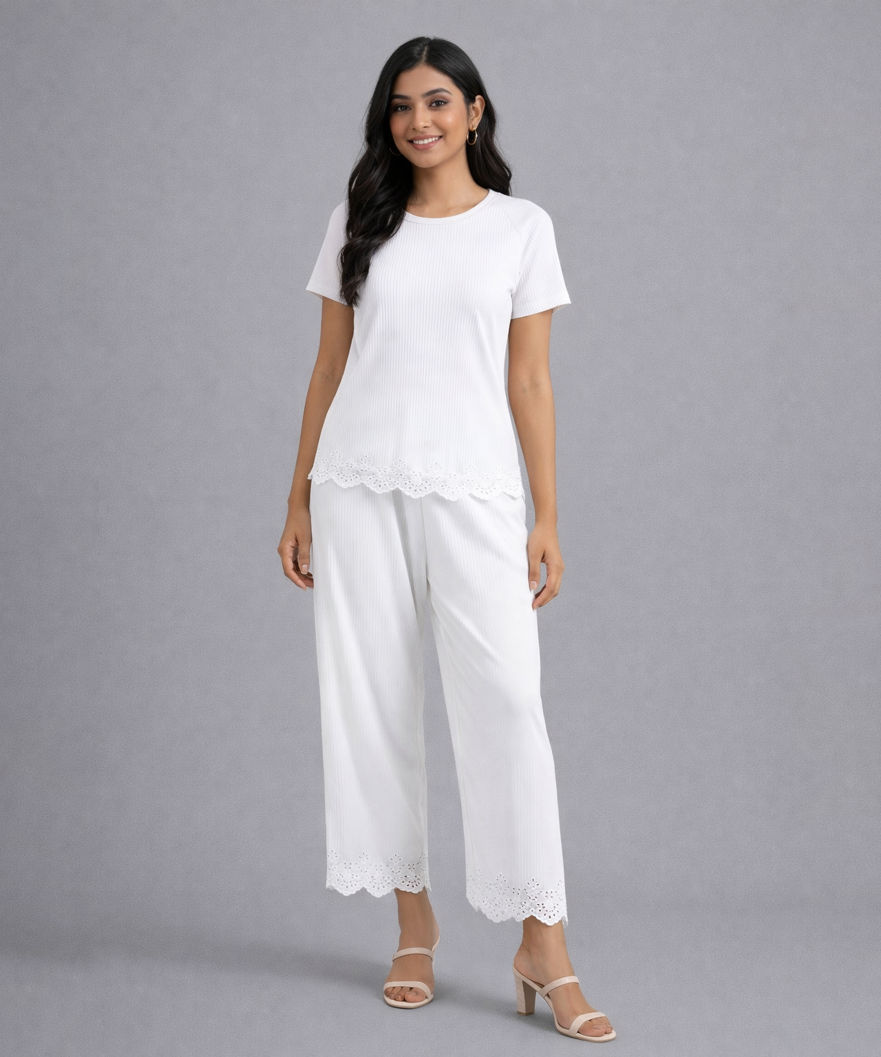 Women Top & Pyjama Pant Night Suit Co-ord Set | White Color