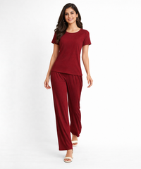 Women Top & Pyjama Pant Night Suit Co-ord Set | Burgundy Color