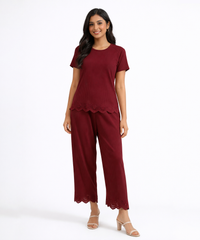 Women Top & Pyjama Pant Night Suit Co-ord Set | Burgundy Color