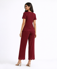 Women Top & Pyjama Pant Night Suit Co-ord Set | Burgundy Color