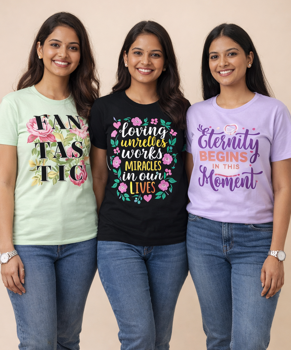 Woman Half Sleeve T-Shirt / Round Neck Printed T-Shirt Combo (Pack of 3)
