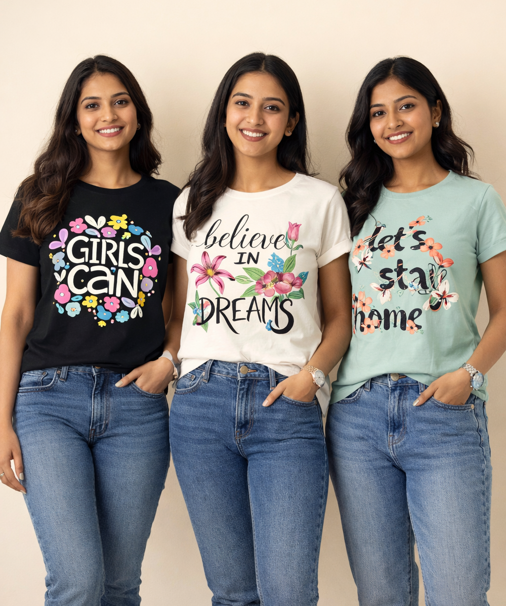 Woman Half Sleeve T-Shirt / Round Neck Printed T-Shirt Combo (Pack of 3)