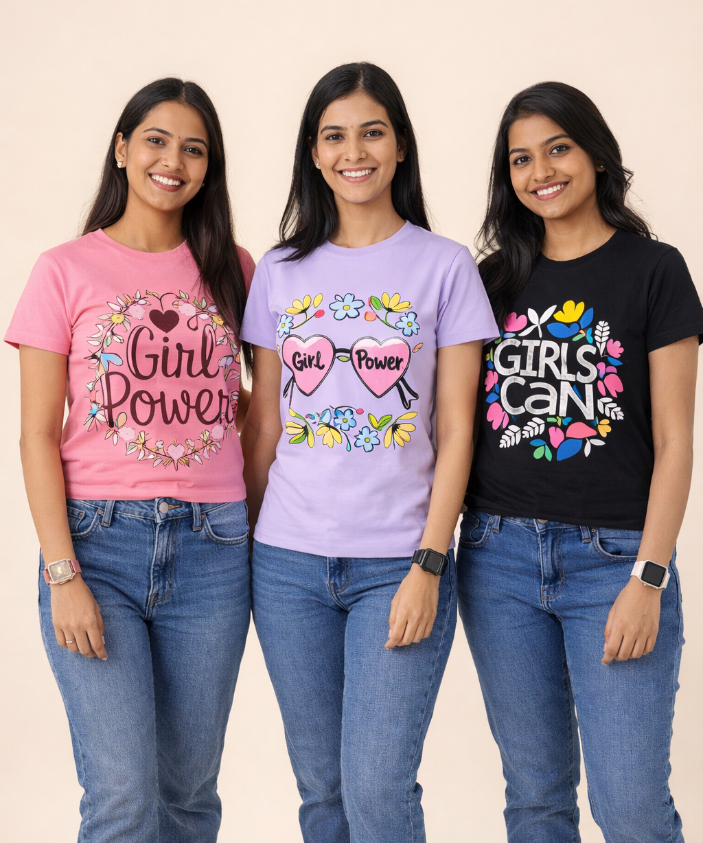 Woman Half Sleeve T-Shirt / Round Neck Printed T-Shirt Combo (Pack of 3)