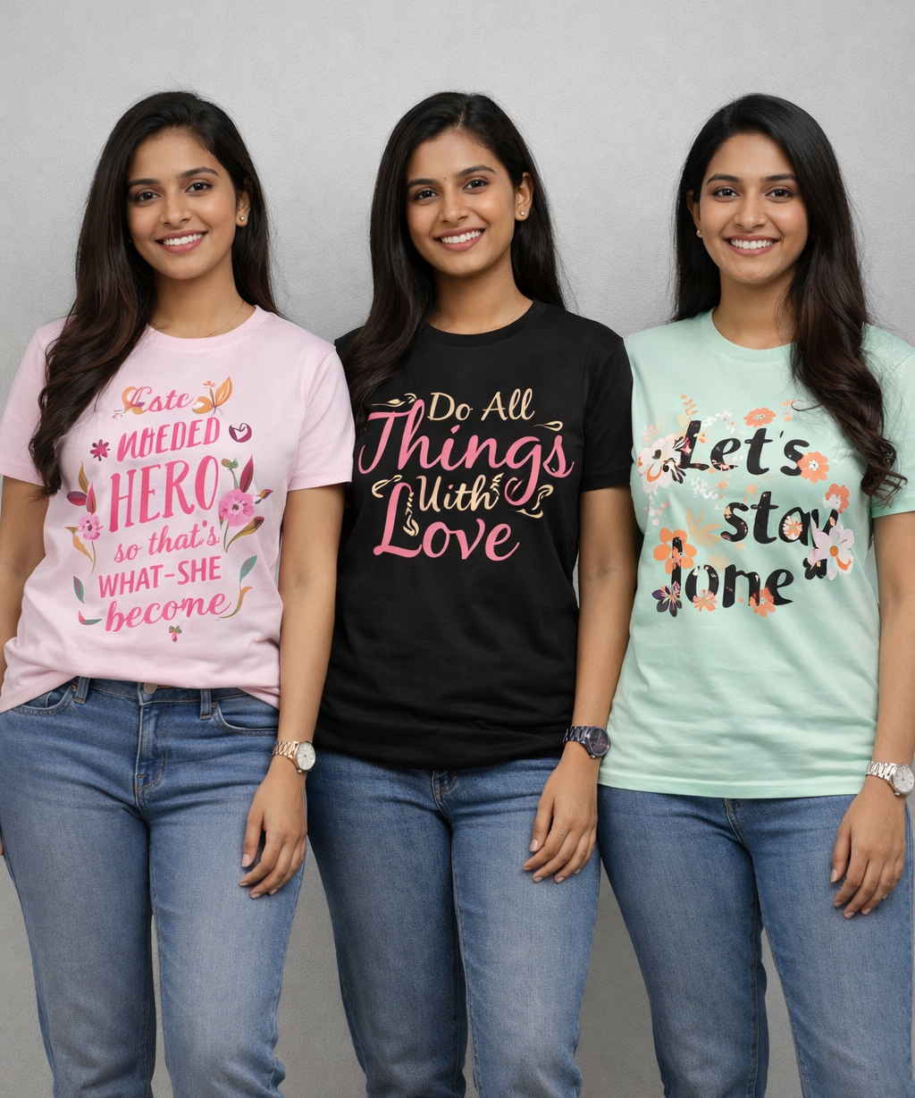 Woman Half Sleeve T-Shirt / Round Neck Printed T-Shirt Combo (Pack of 3)