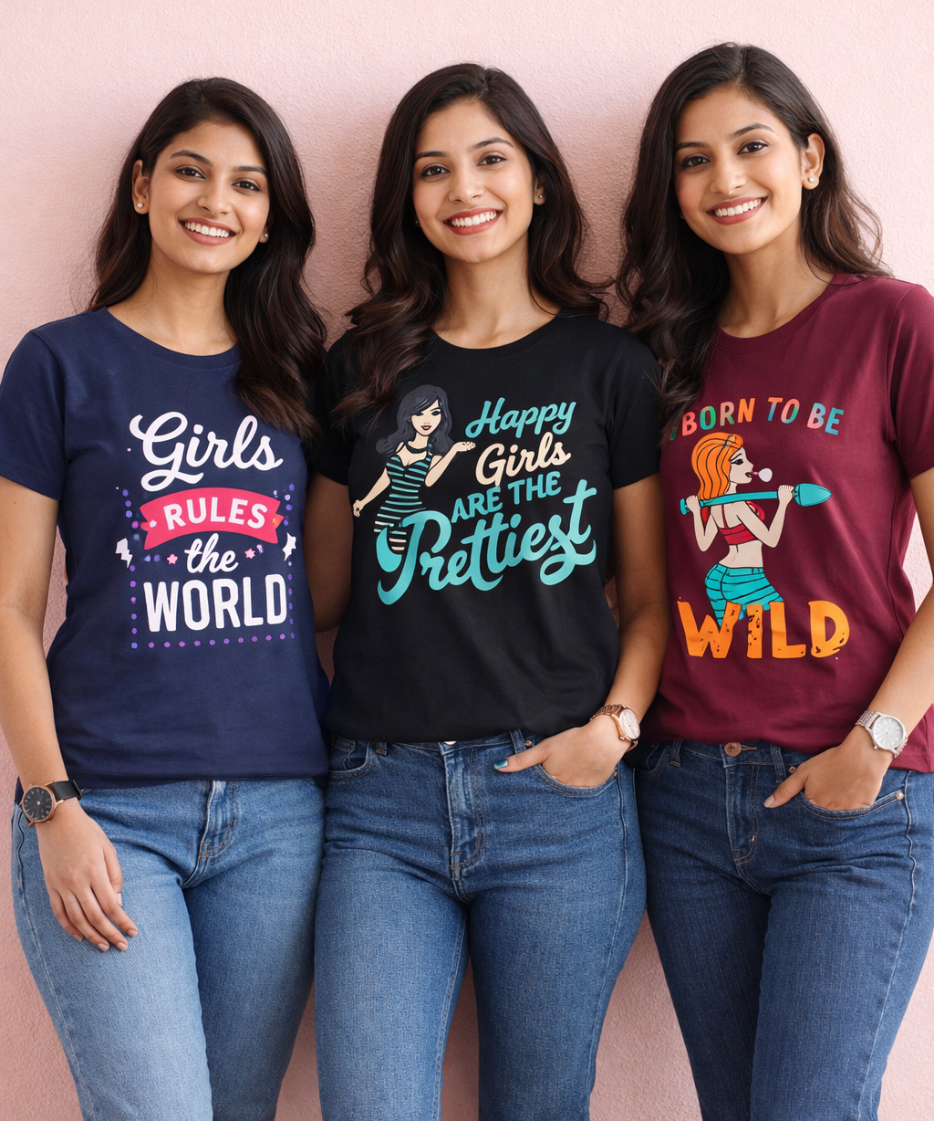 Woman Half Sleeve T-Shirt / Round Neck Printed T-Shirt Combo (Pack of 3)