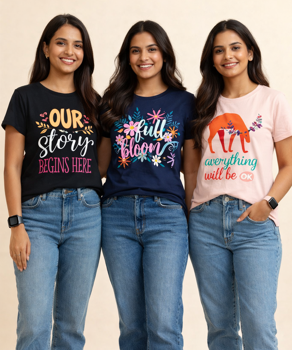 Woman Half Sleeve T-Shirt / Round Neck Printed T-Shirt Combo (Pack of 3)