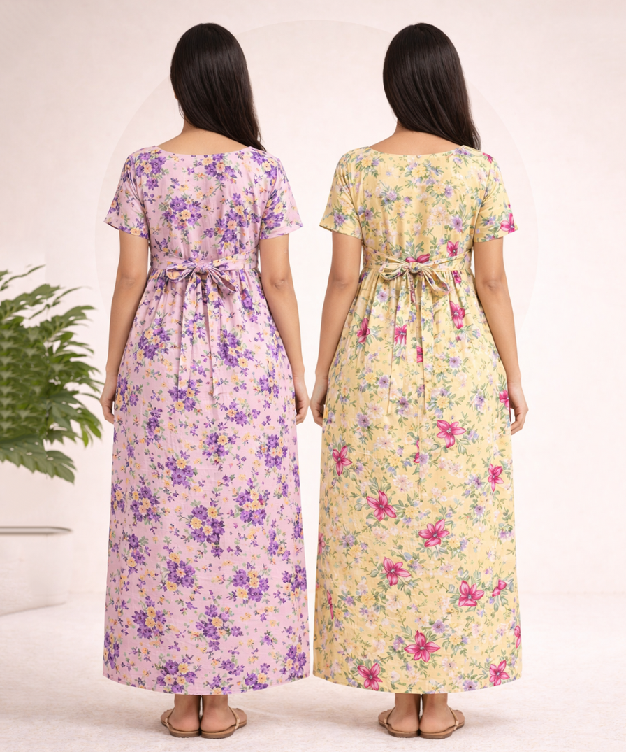 Maternity Feeding Maxi Dress | Nursing Friendly Nighty Style (Pack of 2 Pieces)