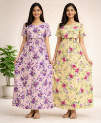 Maternity Feeding Maxi Dress | Nursing Friendly Nighty Style (Pack of 2 Pieces)