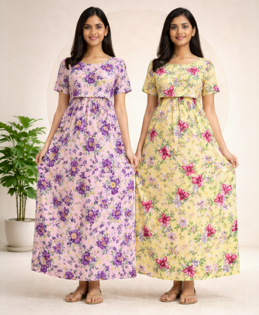 Maternity Feeding Maxi Dress | Nursing Friendly Nighty Style (Pack of 2 Pieces)