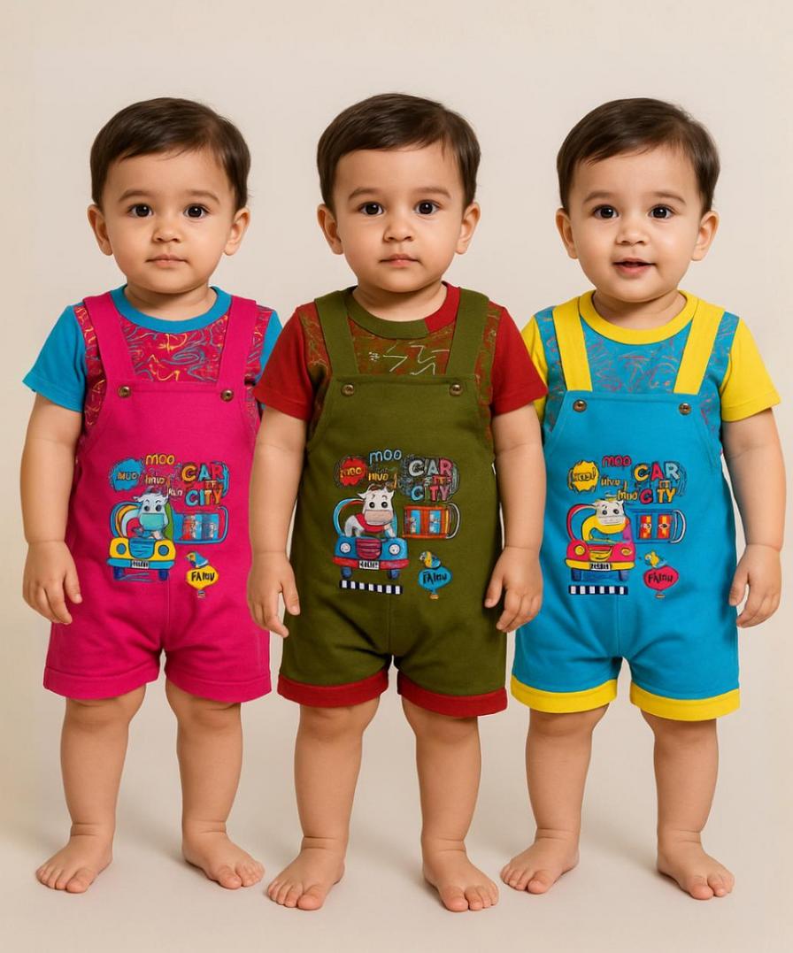 Boy & Girl Baby Printed Romper Suit Dress | Dungaree Set | 100% Pure Cotton (Pack of 3 Sets Combo) | Age 12 to 18 Months - 87