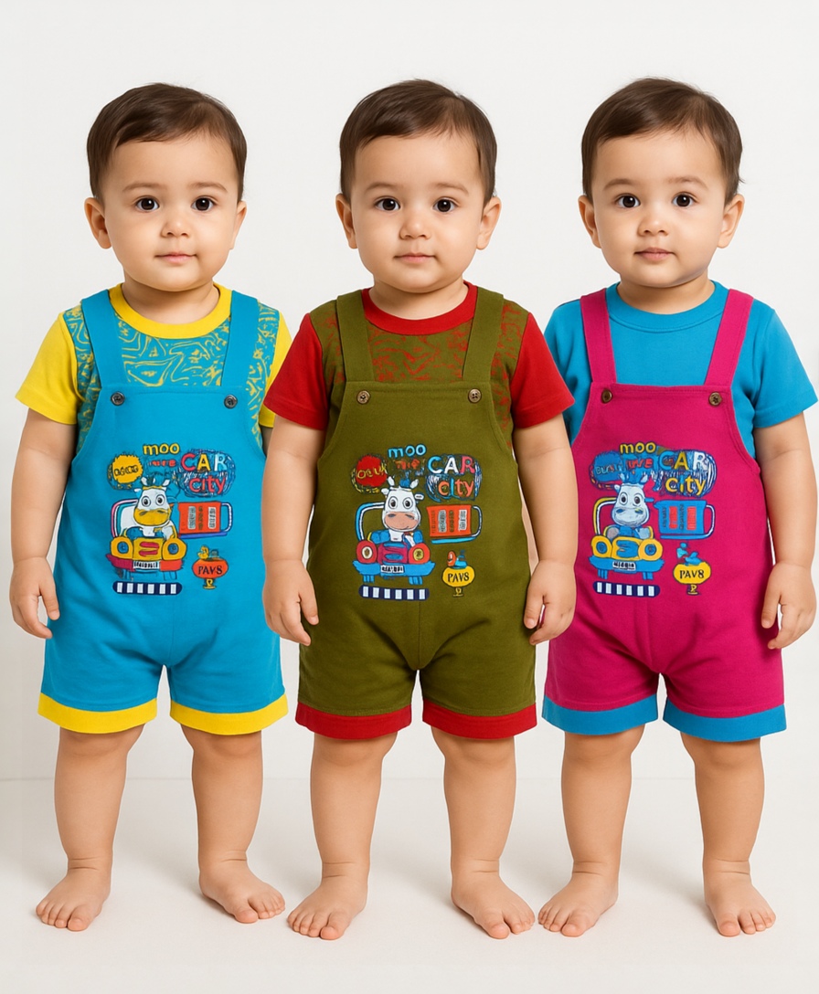 Boy & Girl Baby Printed Romper Suit Dress | Dungaree Set | 100% Pure Cotton (Pack of 3 Sets Combo) | Age 12 to 18 Months - 87