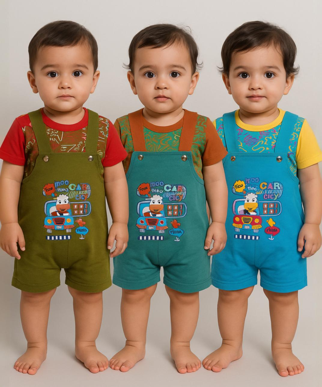 Boy & Girl Baby Printed Romper Suit Dress | Dungaree Set | 100% Pure Cotton (Pack of 3 Sets Combo) | Age 12 to 18 Months - 87