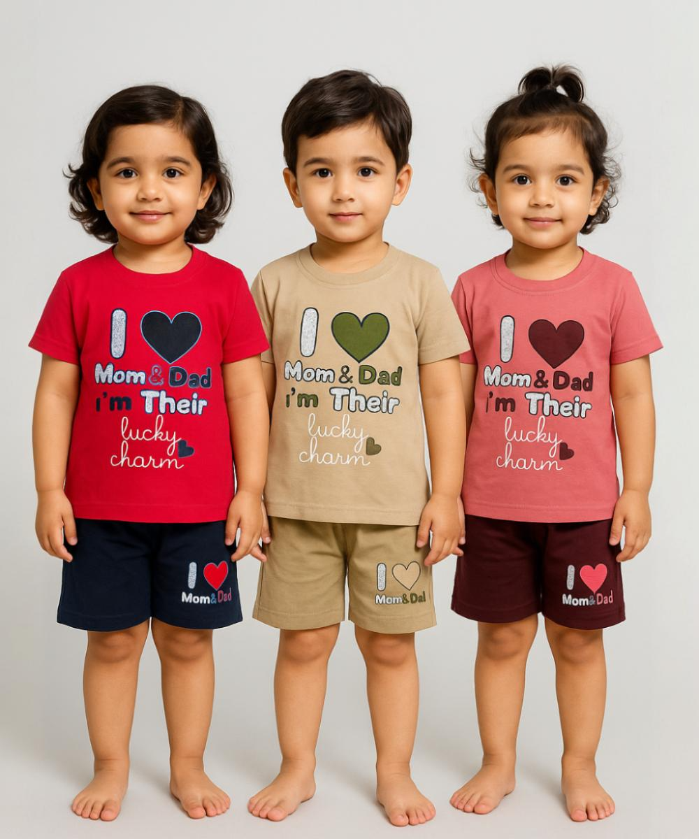 Kids Cotton Printed Co-ord Set Combo / Age 1-5 Years (Tshirt & Shorts Set Pack of 3)