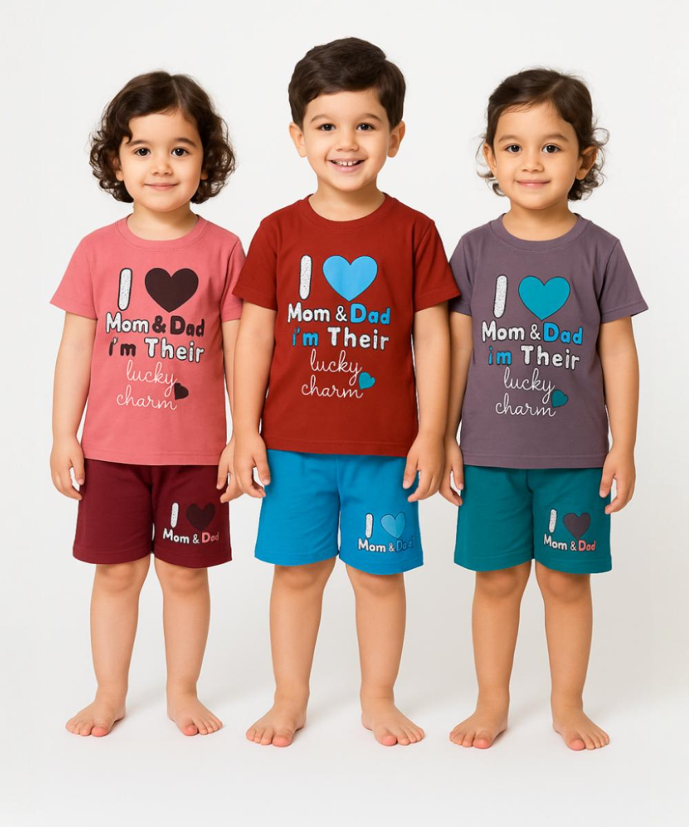 Kids Cotton Printed Co-ord Set Combo / Age 1-5 Years (Tshirt & Shorts Set Pack of 3)