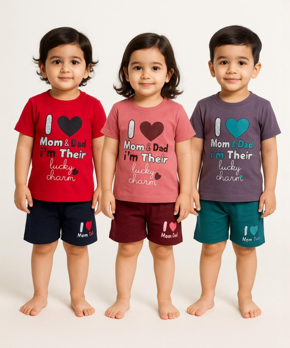 Kids Cotton Printed Co-ord Set Combo / Age 1-5 Years (Tshirt & Shorts Set Pack of 3)