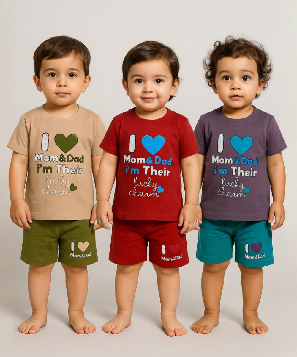 Kids Cotton Printed Co-ord Set Combo / Age 1-5 Years (Tshirt & Shorts Set Pack of 3)
