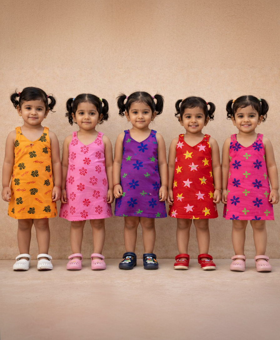 Girls 100% Cotton Printed 0 To 4 Years Gown Dress/Frock Dress (Pack of 5)