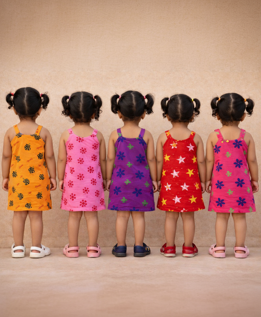 Girls 100% Cotton Printed 0 To 4 Years Gown Dress/Frock Dress (Pack of 5)