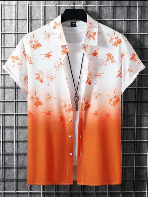 New Life Mens Orange Floral Print Lycra Shirt, Beach Party Half Sleeve Shirt