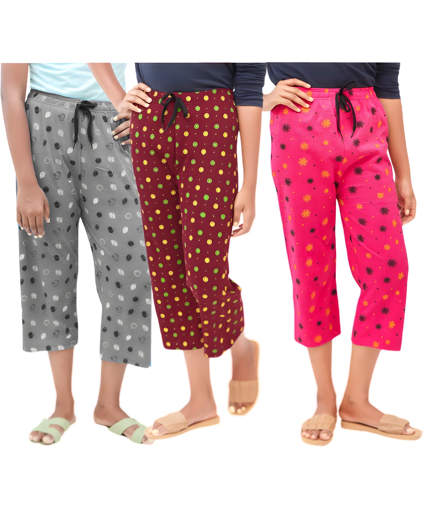 Women Night Wear 100% Cotton Printed Capri / 3/4 Shorts Combo (Pack of 3)